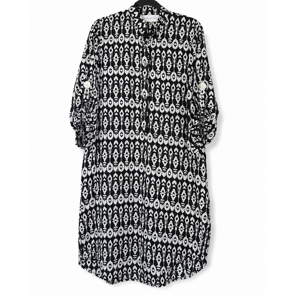 Walker & Wade M Black White Ikat Print Rayon Shirt Dress Roll Tab Sleeves Bali M